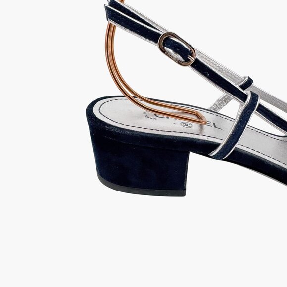 Chanel CC Strappy Slingback Sandals Block Heel Navy Blue Silver Size 37 US 6-6.5 - Picture 9 of 15